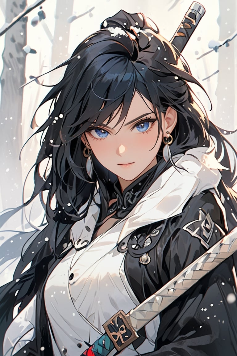 A fierce Norse female warrior wielding a battle axe in a snowy forest. 1girl, solo, powerful long hair, looking at viewer, blue eyes, simple background, hair ornament, hair between eyes, jewelry, upper body, earrings, lips, fur trim, eyelashes, gem, tassel, portrait, beads, Yanjun Cheng style, hazy beauty, emo,  frowning, angry, sharp eyes, rebellious, fierce, tight lips. Intricate earrings, dirty worn hardcore style, long boots, creating a magical style, high brightness and low color palette, masterpiece,portraitart,XP,real_booster,portrait art style