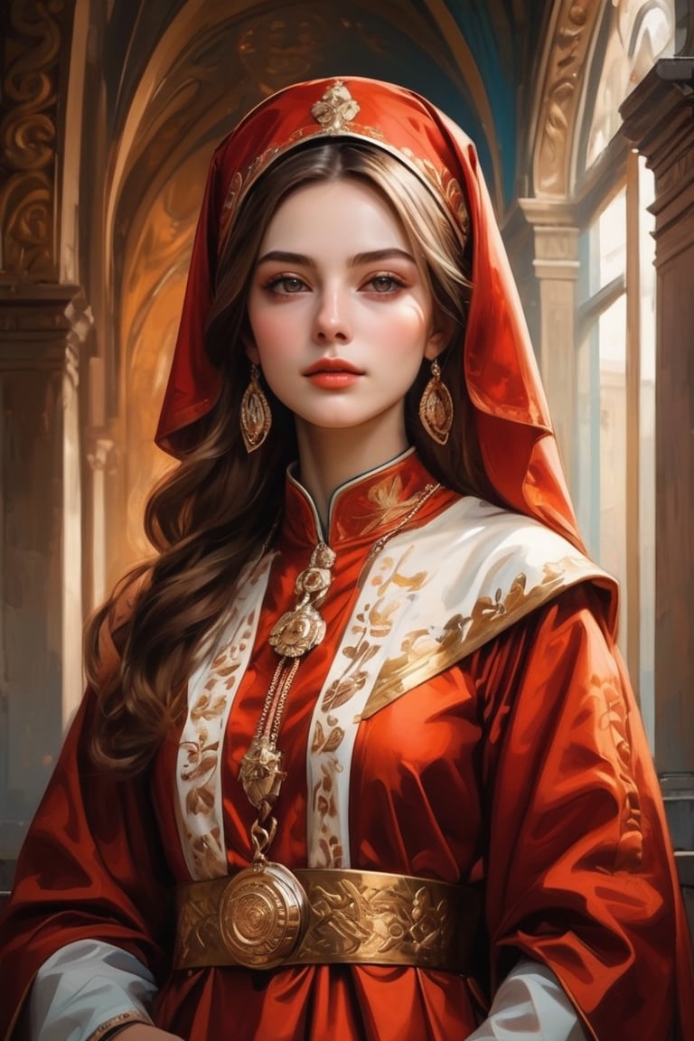 A portrait of Byzantine style female clergy, red and white clothes, gold details. (masterpiece, top quality, best quality, official art, beautiful and aesthetic:1.2), (1girl:1.4), portrait, extreme detailed, highest detailed, simple background, 16k, high resolution, perfect dynamic composition, bokeh, (sharp focus:1.2), super wide angle, high angle, high color contrast, medium shot, depth of field, blurry background, in the style of esao andrews,