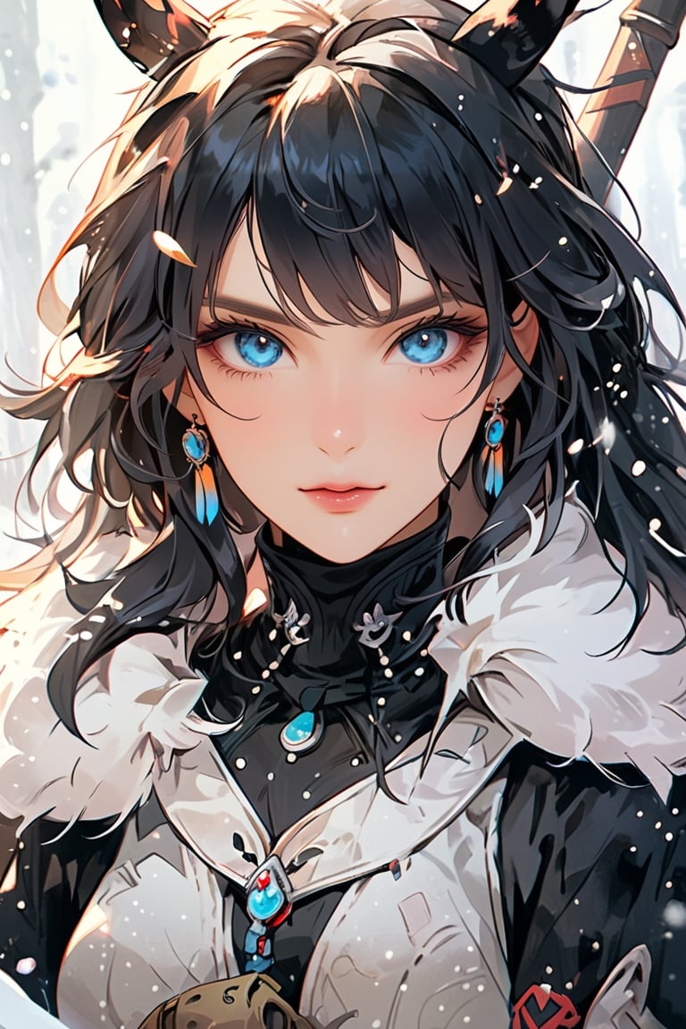 A fierce Norse female warrior wielding a battle axe in a snowy forest. 1girl, solo, powerful long hair, looking at viewer, blue eyes, simple background, hair ornament, hair between eyes, jewelry, upper body, earrings, lips, fur trim, eyelashes, gem, tassel, portrait, beads, Yanjun Cheng style, hazy beauty, emo,  frowning, angry, sharp eyes, rebellious, fierce, tight lips. Intricate earrings, dirty worn hardcore style, long boots, creating a magical style, high brightness and low color palette, masterpiece,Decora_SWstyle,niji3,portraitart,XP