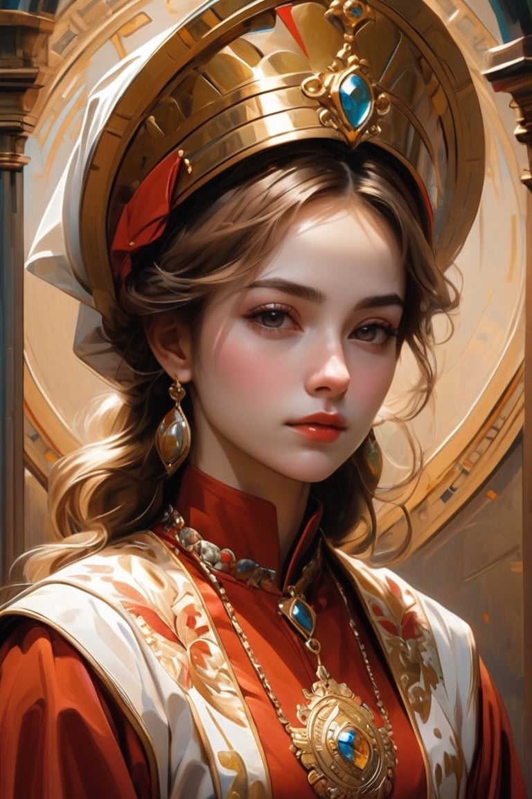 A portrait of Byzantine style female clergy, red and white clothes, gold details. (masterpiece, top quality, best quality, official art, beautiful and aesthetic:1.2), (1girl:1.4), portrait, extreme detailed, highest detailed, simple background, 16k, high resolution, perfect dynamic composition, bokeh, (sharp focus:1.2), super wide angle, high angle, high color contrast, medium shot, depth of field, blurry background, in the style of esao andrews,