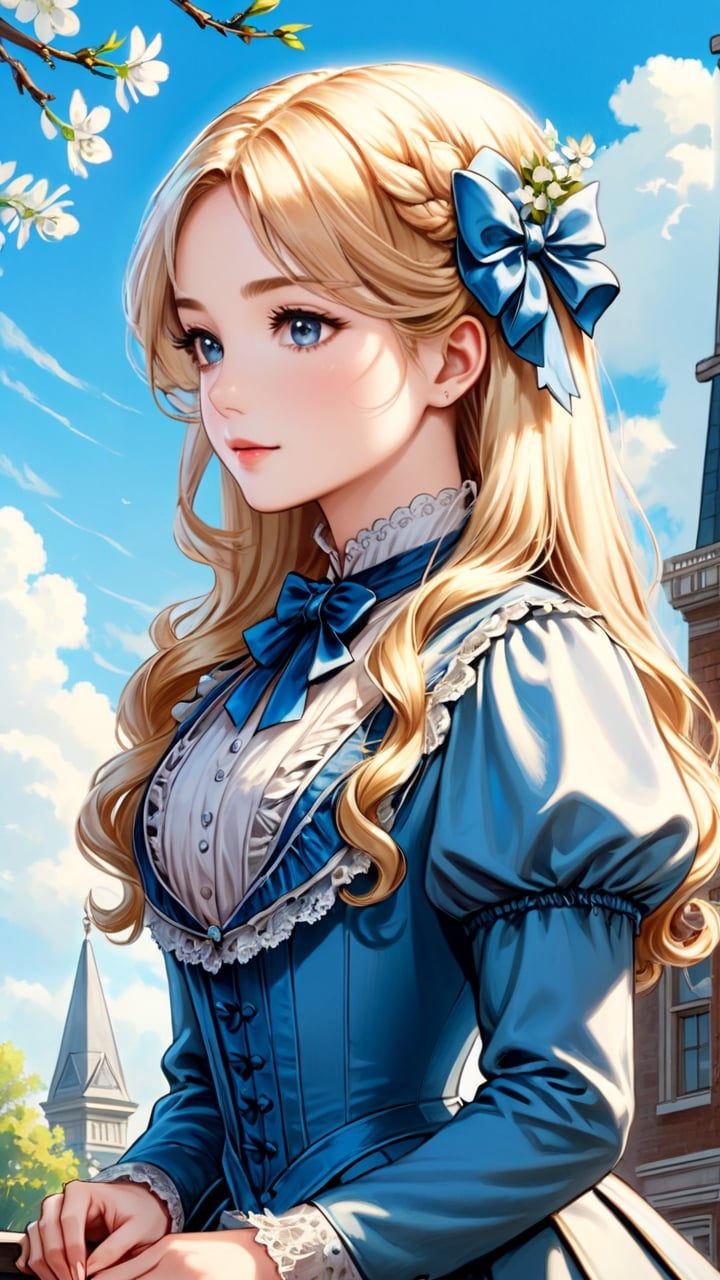 A girl in the Victorian era, outdoor, blue sky, (masterpiece, top quality, best quality, official art, beautiful and aesthetic:1.2), (1girl:1.4), blonde hair, portrait, extreme detailed, highest detailed, springtime is in full swing,more detail XL