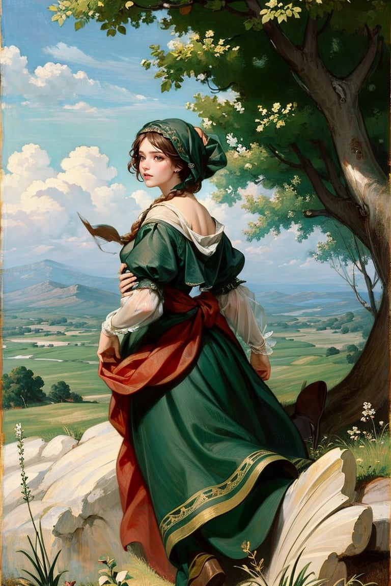 1 girl of the meadow, landscape, Renaissance beauty, by Raphael, masterpiece,renaissance,edgRenaissance,