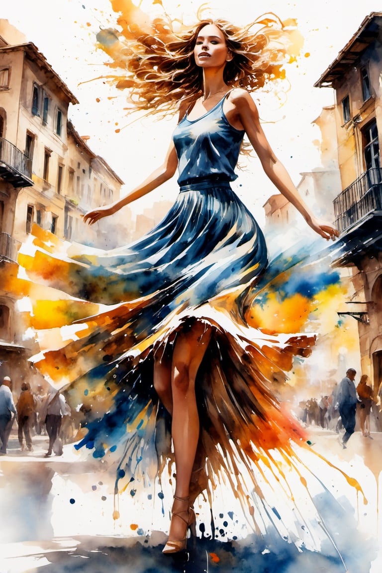 A watercolor-rendered pen sketch featuring splatter art, chaotic rendering, and a post-apocalyptic vibe. Picture a Bohemian maiden twirling in the town square, her hair whipping and skirt billowing with each graceful spin, evoking a dynamic sense of movement. As she dances, the splattering paint mimics the centrifugal force of her spinning skirt, adding an extra dimension of motion and energy to the scene. The background portrays the town square at dawn, illuminated by three-dimensional lighting effects and backlighting, crafting a mesmerizing masterpiece. Made in canvas, ultra realistic, dripping paint, skirt made entirely of coloured paint and splattered with paint, abstract, dancing, spinning pose, dynamic pose, dancing pose,liquid dress,liquid dress,oil paint