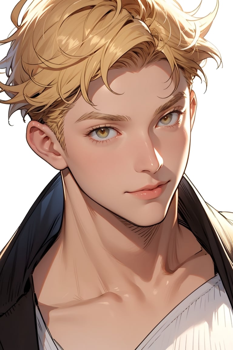 1 cool, handsome man with sharp eyes, ((blank background)), head and shoulders portrait, short hair, blonde hair, shining golden eyes, warrior, large forehead,2b,1guy,1girl,vane /(granblue fantasy/),centralasia