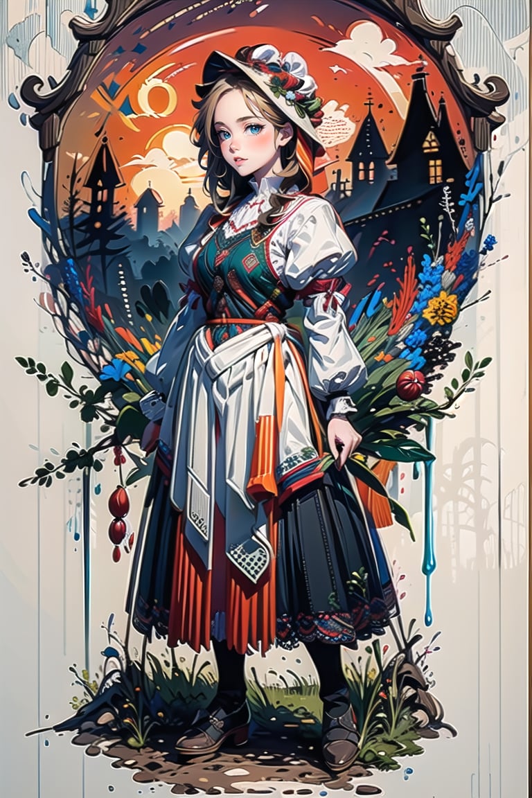 A medieval girl in traditional dress, vegetables and fruits, at a farmer's market, mysterious medieval, masterpiece,High detailed,CrclWc,Detail,Half-timbered Construction,INK art,victorian dress,slavic dress