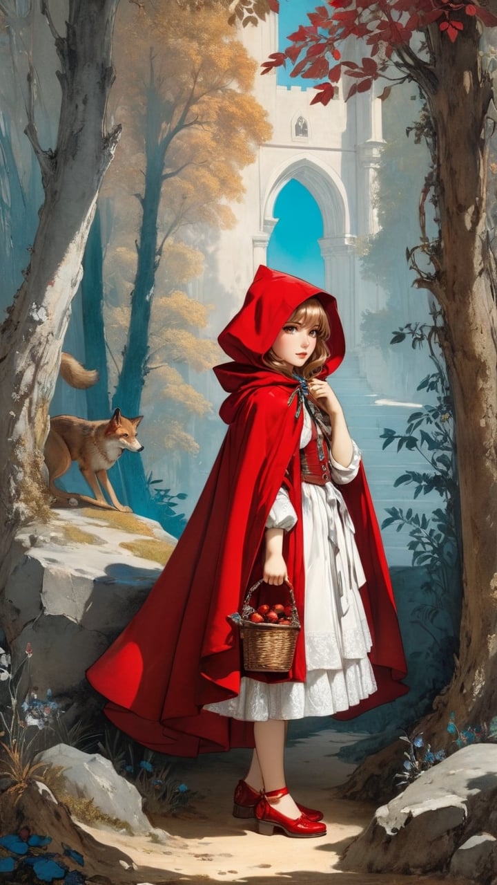 (1 girl:1.2), 'Little Red Riding Hood', Grimm's fairy tale and the Renaissance by Gustave Moreau, maximalism luxury and vibrant, daytime, outdoor, landscape, pastel colors, smooth and beautiful lines, ultra-realistic, fine textures and rich details, colorful,
