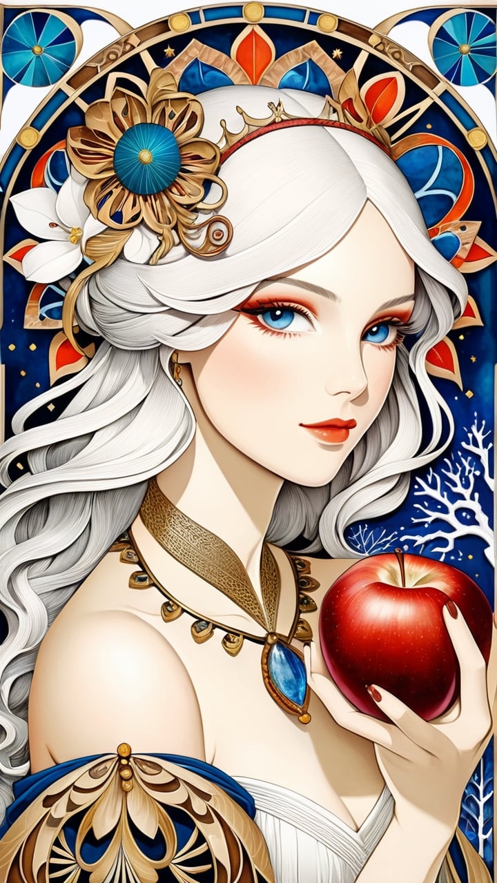 (1 girl:1.2), Snow White with red apple, Grimm's fairy tale and the Renaissance by bosch, maximalism luxury and vibrant, gold and white, upper body, smooth and beautiful lines, white art nouveau background, ultra-realistic, fine textures and rich details of paper sculpture art, depth of three-dimensional sense, colorful, the image has a mysterious, extremely luminous and bright design,