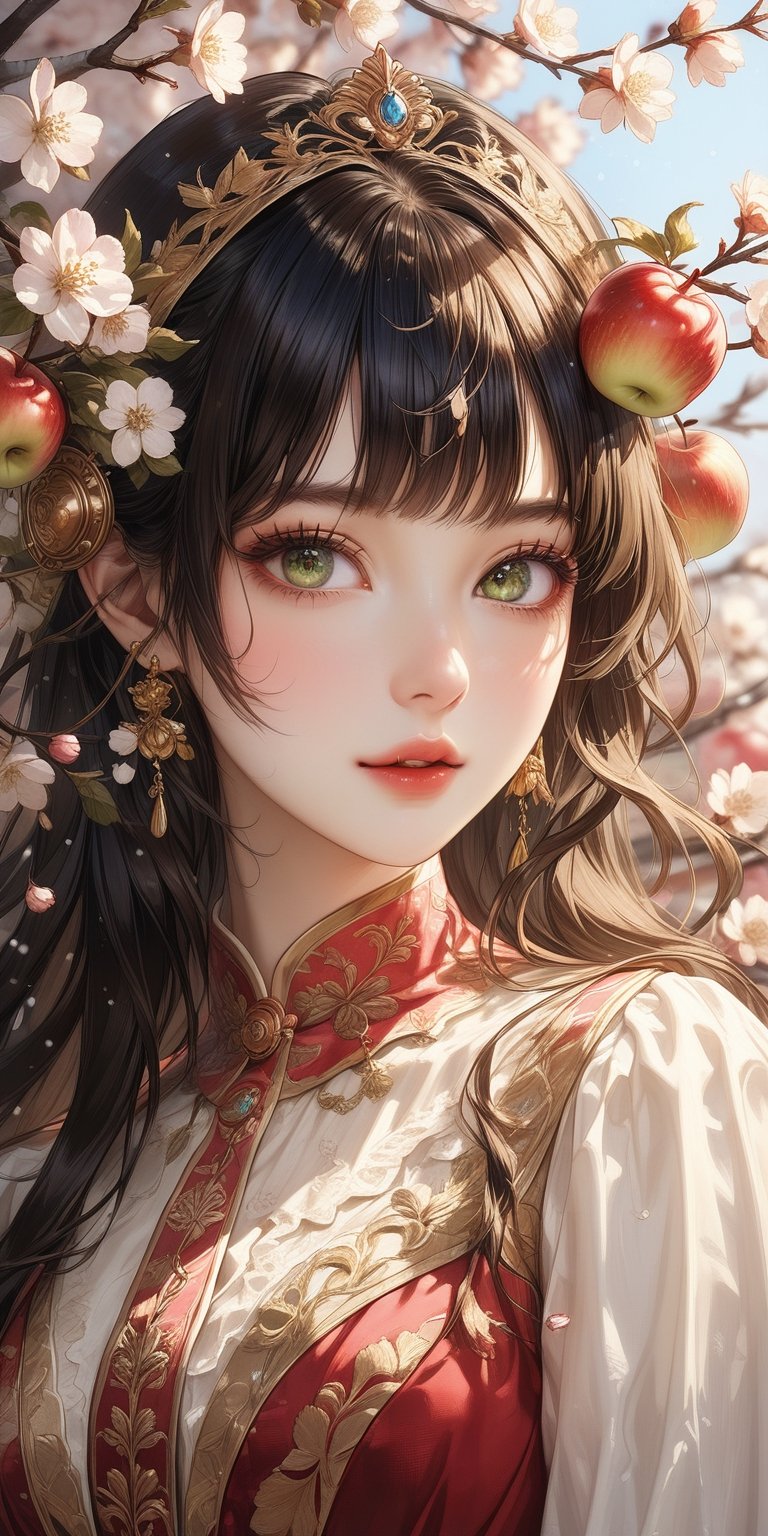 Digital painting of Disney's Snow White surrounded by decorative elements of pink and white apples, apple blossoms, and green leaves.. (masterpiece, top quality, best quality, official art, beautiful and aesthetic:1.2), (1girl:1.4), portrait, extreme detailed, highest detailed, simple background, 16k, high resolution, perfect dynamic composition, bokeh, (sharp focus:1.2), super wide angle, high angle, high color contrast, medium shot, depth of field, blurry background