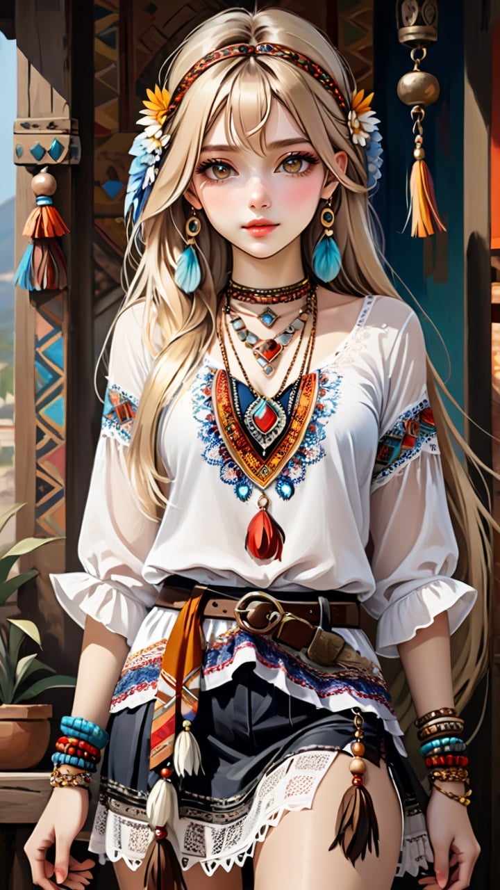 A stunning young woman dressed in Bohemian-style attire, (long straight hair:1.4), adorned with soft fabrics, white lace shirt, ethnic pattern prints layered skirt, bracelets, tassels, headbands, belts, and leather accents, exuding a free-spirited charm. (masterpiece, top quality, best quality, official art, beautiful and aesthetic:1.2), (1girl:1.4), blonde hair, portrait, extreme detailed, highest detailed, depth of field. full body shot, layered jewelry, headscarve, ,more detail XL,colorful