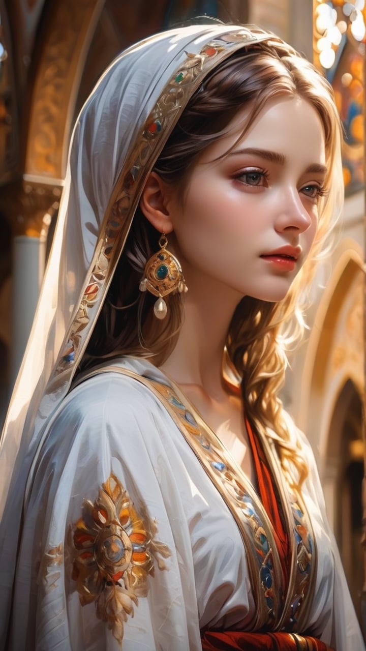 A Byzantine style girl in monastery, white head-cloths and veils. (masterpiece, top quality, best quality, official art, beautiful and aesthetic:1.2), (1girl:1.4), portrait, extreme detailed, highest detailed, simple background, 16k, high resolution, perfect dynamic composition, bokeh, (sharp focus:1.2), super wide angle, high angle, high color contrast, medium shot, depth of field, blurry background