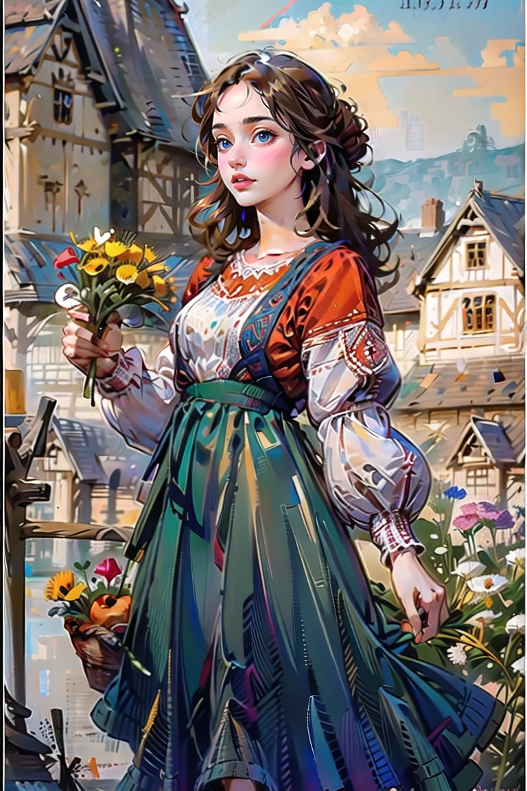 A medieval girl in traditional dress, vegetables and fruits, at a farmer's market, mysterious medieval, masterpiece,High detailed,CrclWc,Detail,Half-timbered Construction,INK art,ukrainian dress