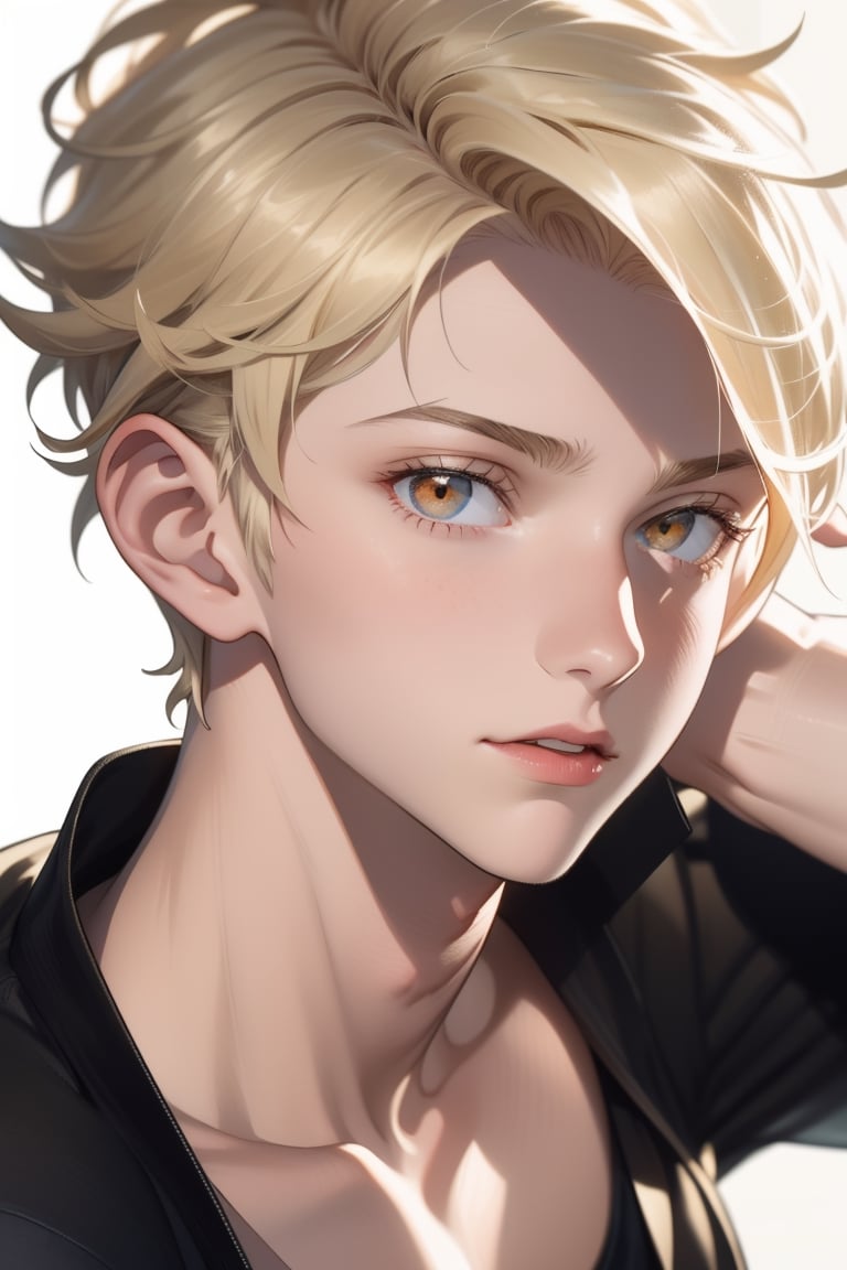 1 cool, handsome man with sharp eyes, ((blank background)), head and shoulders portrait, short hair, blonde hair, shining golden eyes, warrior, large forehead,2b,1guy,1girl,vane /(granblue fantasy/),centralasia, ,cute blond boy