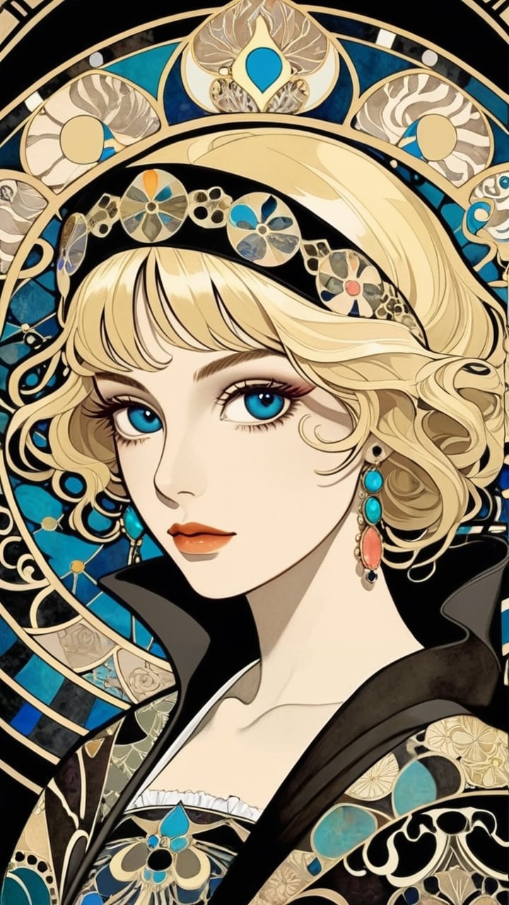 A beautiful girl, blonde hair, dynamic character, detailed exquisite face, bold high quality, high contrast, patchwork, vibrant colors, looking at viewer, intricate gold patterns,  (Gustav Klimt and Mucha and Caravaggio style artwork),art_booster,art nouveau