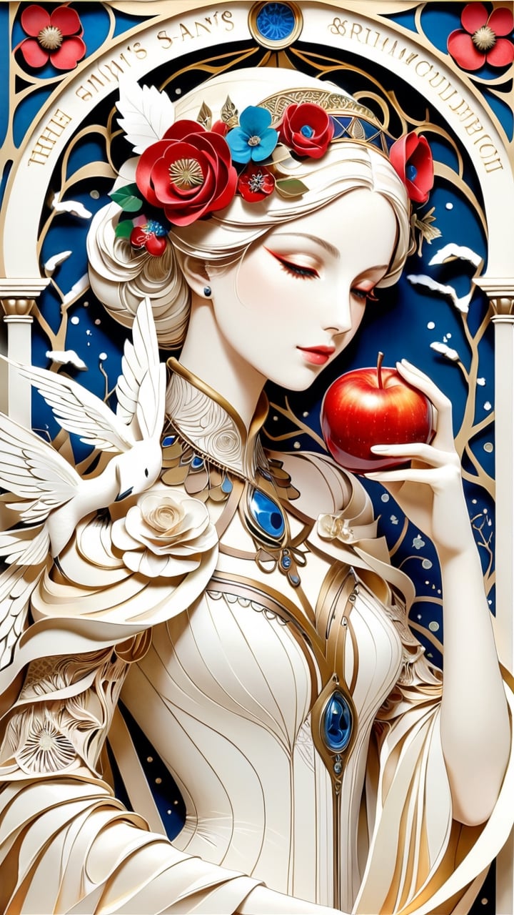 (1 girl:1.2), Snow White with red apple, Grimm's fairy tale and the Renaissance by bosch, maximalism luxury and vibrant, gold and white, upper body, smooth and beautiful lines, white art nouveau background, ultra-realistic, fine textures and rich details of paper sculpture art, depth of three-dimensional sense, colorful, the image has a mysterious, extremely luminous and bright design, papercut