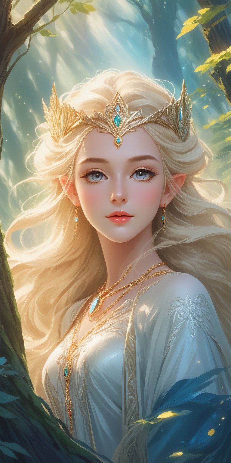 A beautiful elven princess with flowing hair and elegant robes, surrounded by (enchanted forests) and shimmering light. Blonde hair, forehead necklace, noble and elegant, detailed exquisite face, bold high quality, high contrast, vibrant colors, by (Ninagawa Mika),Flat vector art