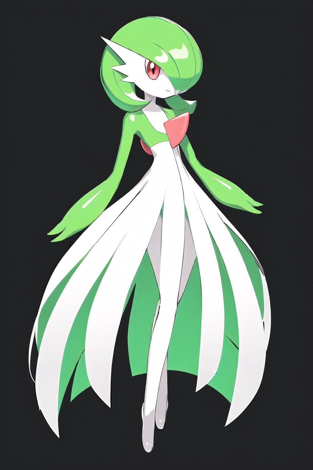 1girl, solo, short hair, bangs, simple background, red eyes, closed mouth, standing, full body, green hair, shiny, hair over one eye, flat chest, pokemon \(creature\), colored skin, bob cut, black background, white skin, one eye covered, green skin, multicolored skin, two-tone skin, gardevoir,