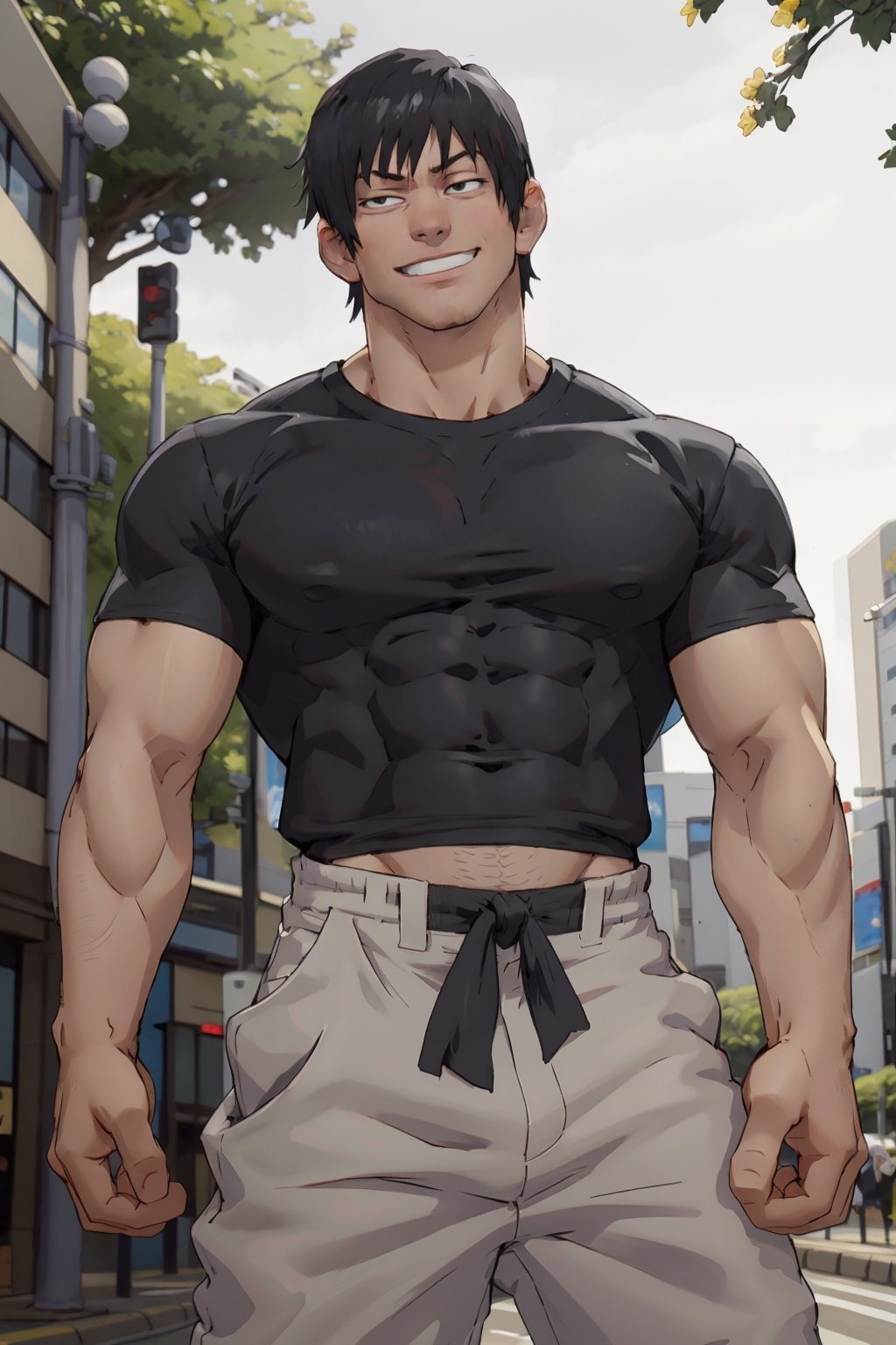 masteroiece, best quality, flat, 1boy, t0uj1, black hair, black shirt, short hair, black eyes,  white baggy pants, bangs, muscular male, outdoors,  shibuya, evil grin,colth,More Detail,(1man)