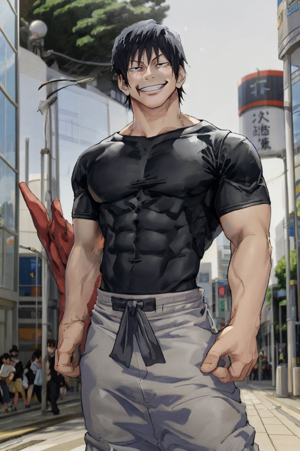 masteroiece, best quality, flat, 1boy, t0uj1, black hair, black shirt, short hair, black eyes,  white baggy pants, bangs, muscular male, outdoors,  shibuya, evil grin,colth,More Detail,(1man), 