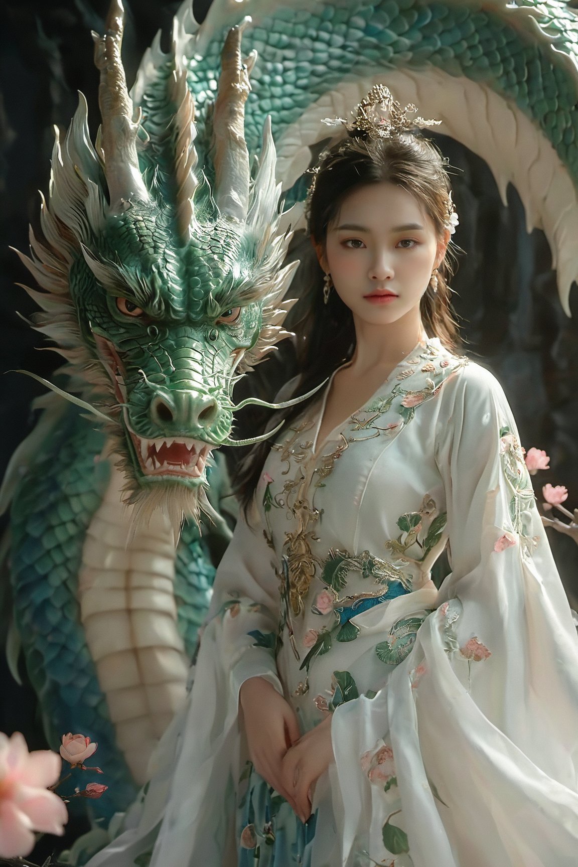 A serene scene where a woman, adorned in a traditional blue and white dress, stands gracefully beside a majestic white dragon. The woman wears an ornate headpiece and holds a delicate object in her hand. The dragon, with its intricate scales and fierce yet calm expression, wraps around her, creating a protective and harmonious bond between them. The backdrop is dark, with subtle lighting highlighting the dragon and the woman, and there are floating pink flowers adding to the ethereal atmosphere.,xxmixgirl