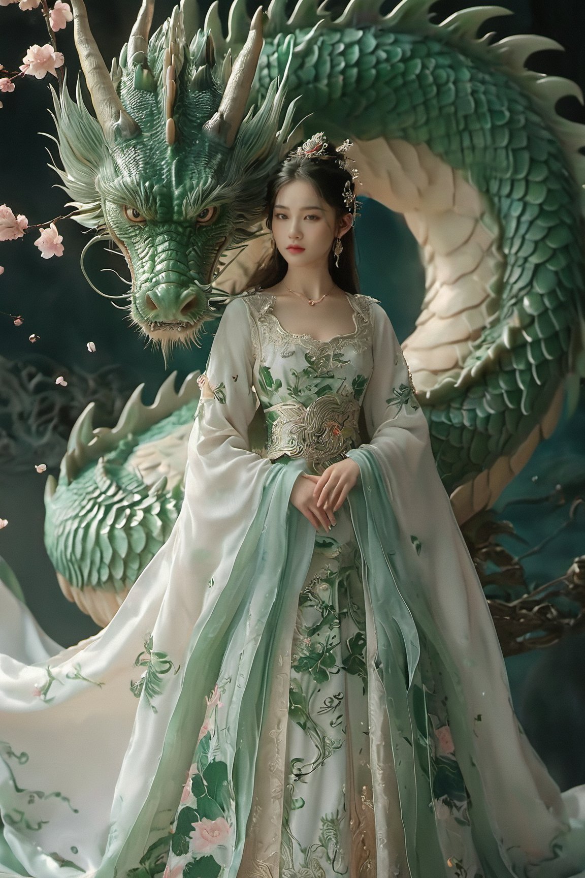 A serene scene where a woman, adorned in a traditional blue and white dress, stands gracefully beside a majestic green dragon. The woman wears an ornate headpiece and holds a delicate object in her hand. The dragon, with its intricate scales and fierce yet calm expression, wraps around her, creating a protective and harmonious bond between them. The backdrop is dark, with subtle lighting highlighting the dragon and the woman, and there are floating pink flowers adding to the ethereal atmosphere.,xxmixgirl