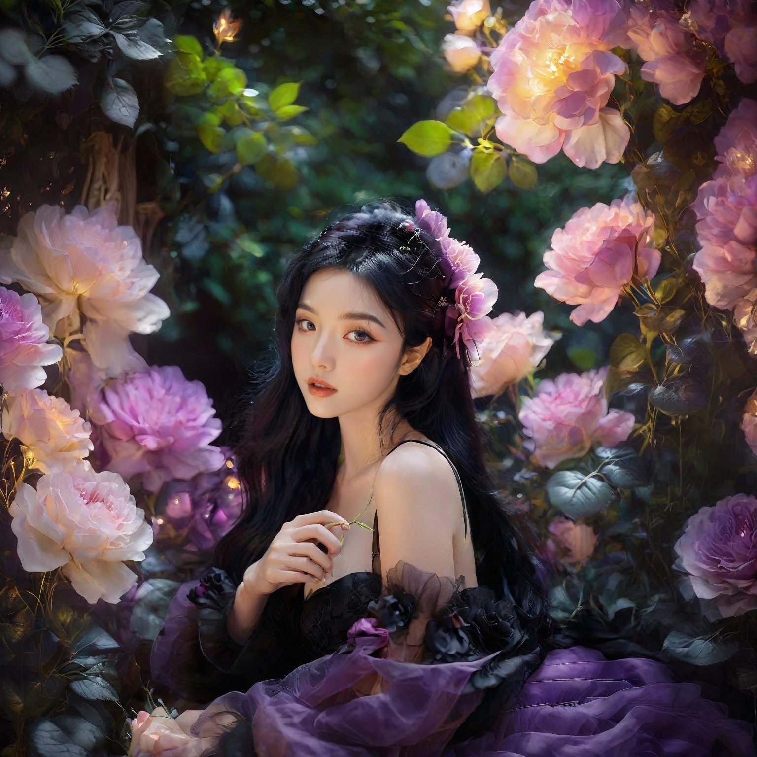  a girl, elegant black hair color, Hime haircut, long hair, violet eyes color, smirk gaze, touching lips, beauty mark, gosurori, black goth, flower bando, tea time, Garden background.