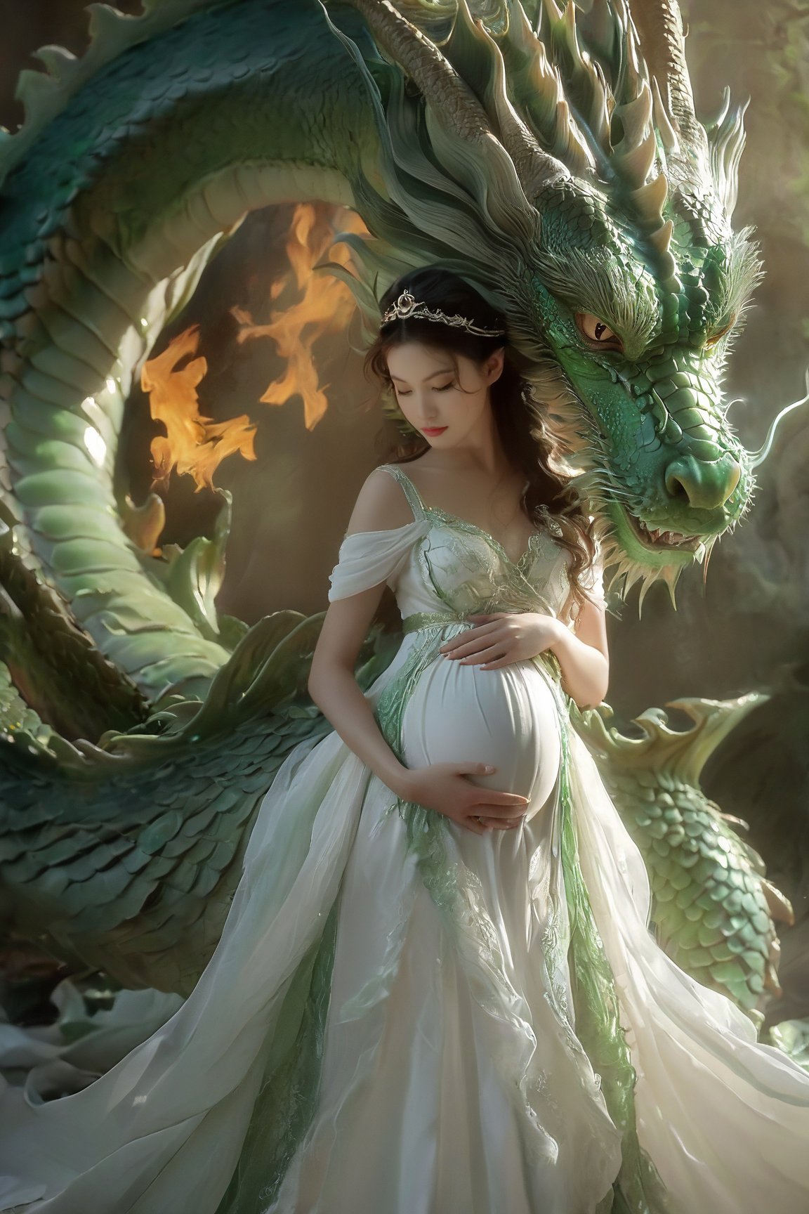 Maternal Majesty: A stunning expectant mother in a flowing white maternity gown stands serenely beside a regal green dragon, its coils wrapping tenderly around her. She gently cradles her rounded belly with hands that radiate warmth, as her elegantly styled hair is secured by subtle hairpins. The dragon's scales glimmer softly, its eyes burning fiercely yet peacefully, amidst a harmonious and mystical atmosphere.