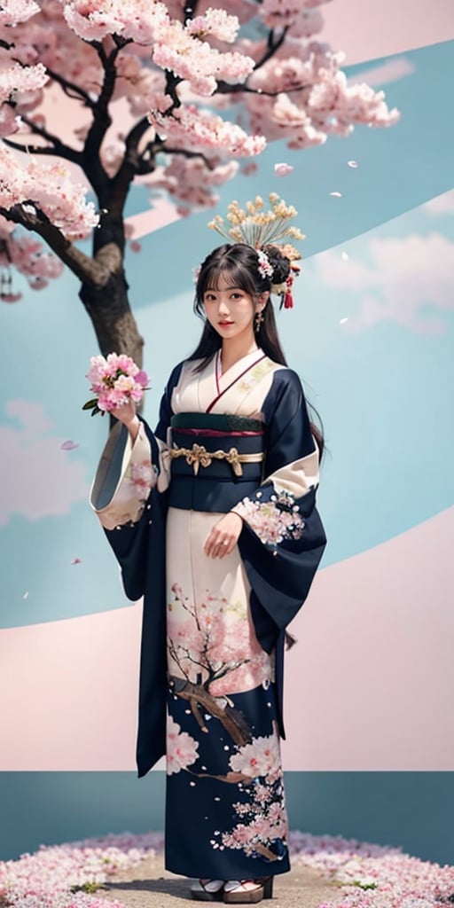 1girl, solo, long hair, black hair, hair ornament, long sleeves, dress furisode, holding, jewelry, standing, full body, flower, earrings, hair flower, wide sleeves, necklace, tree, petals, letterboxed, cherry blossoms, tassel,ancient_beautiful,perfect,hand