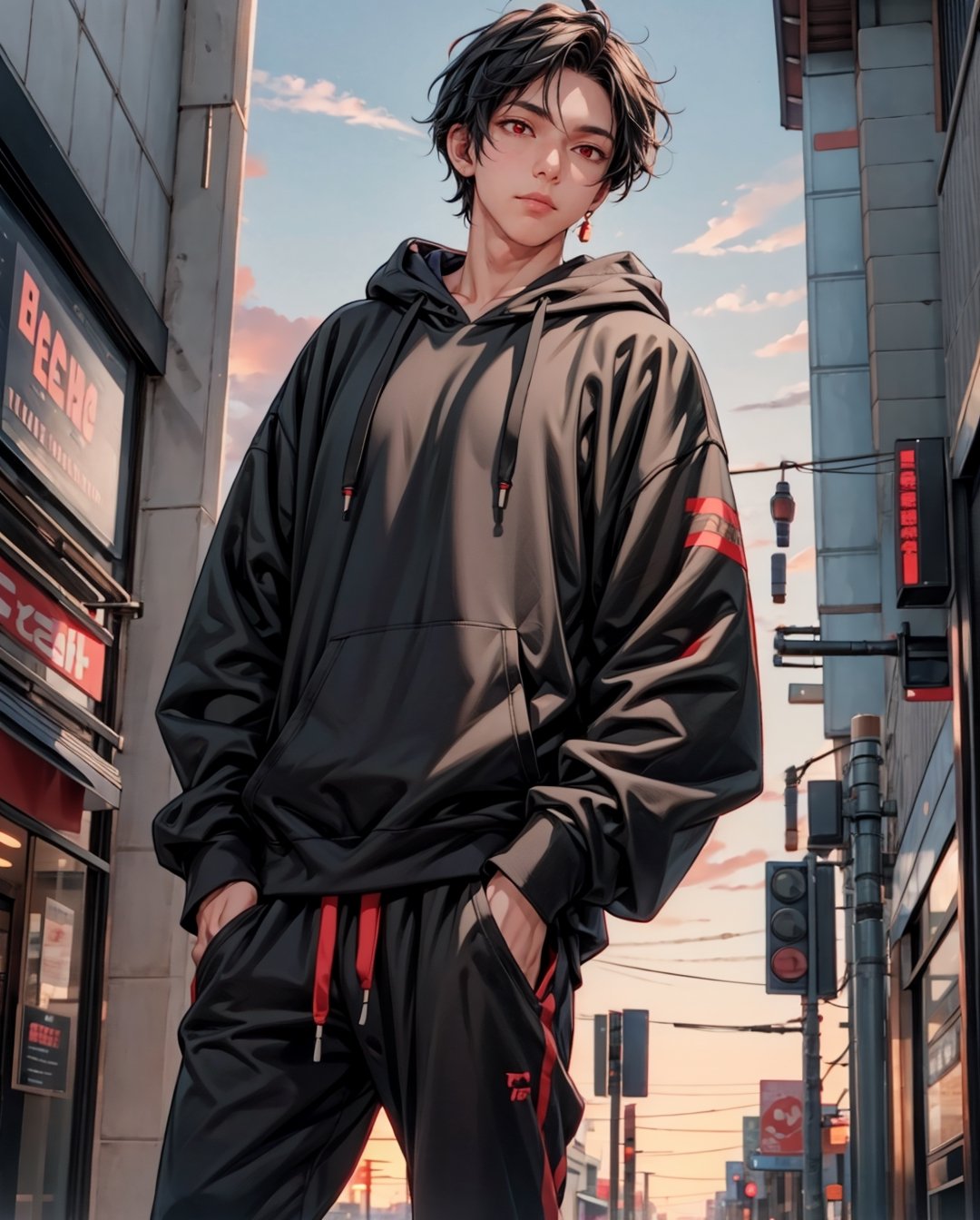 solo, kemono, male, black hair,red eyes, wear black hoodie, wear black pants, look at camera, right hand grabbing coffee cup, standing in front of mall, big mall background, sunset time