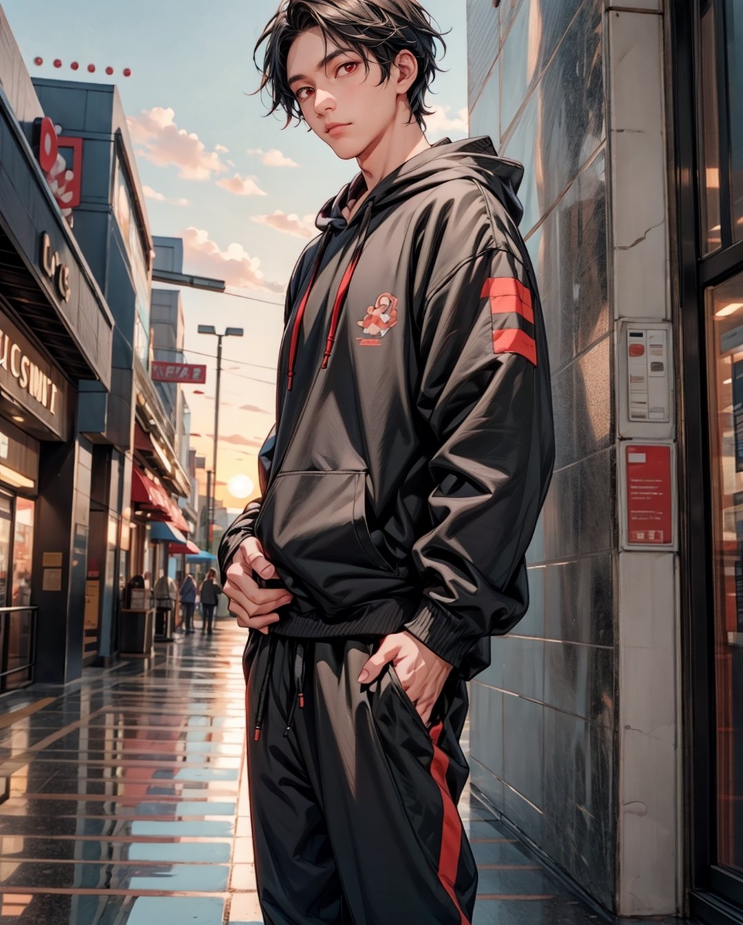 solo, kemono, male, black hair,red eyes, wear black hoodie, wear black pants, look at camera, right hand grabbing coffee cup, standing in front of mall, big mall background, sunset time