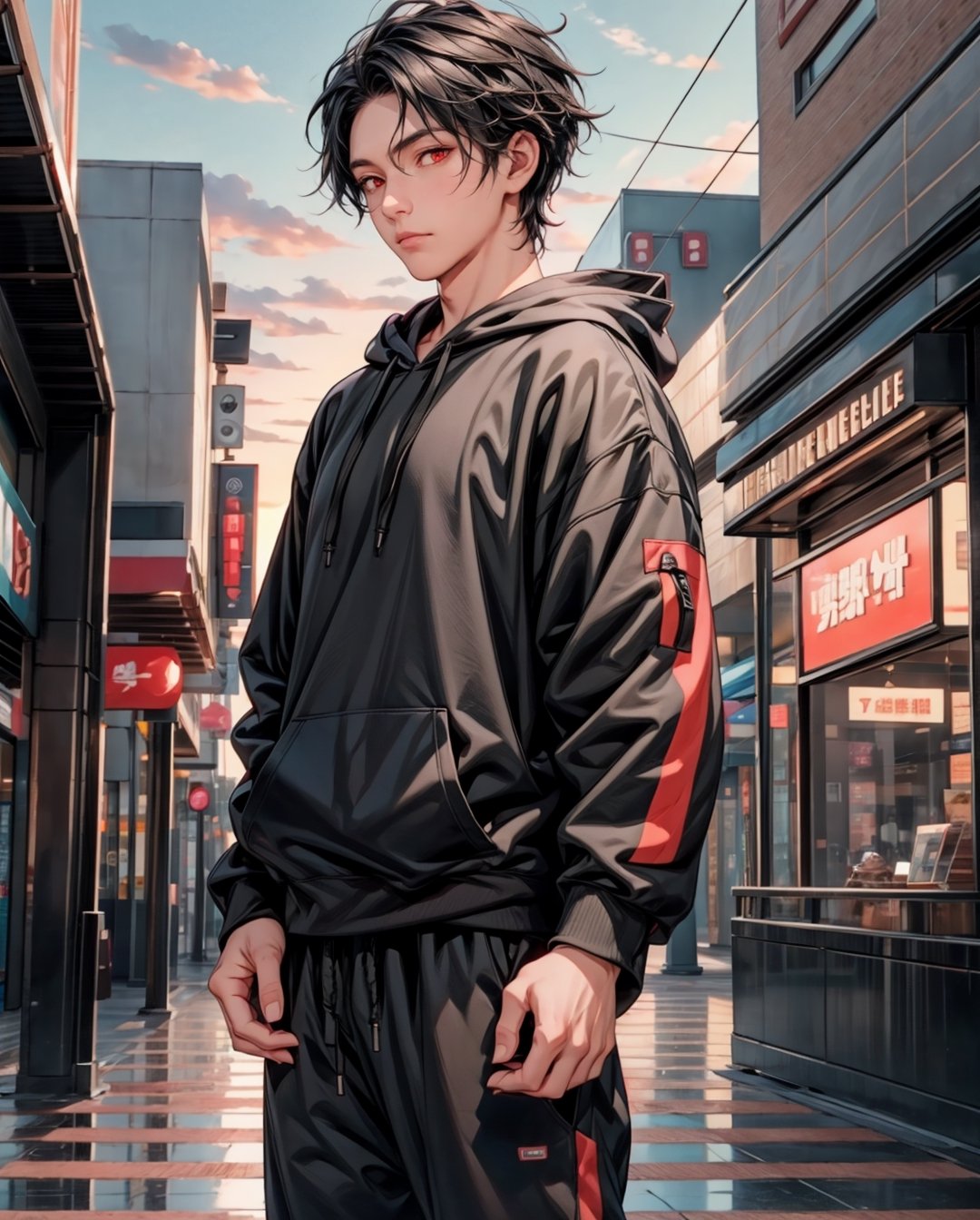 solo, kemono, male, black hair,red eyes, wear black hoodie, wear black pants, look at camera, right hand grabbing coffee cup, standing in front of mall, big mall background, sunset time