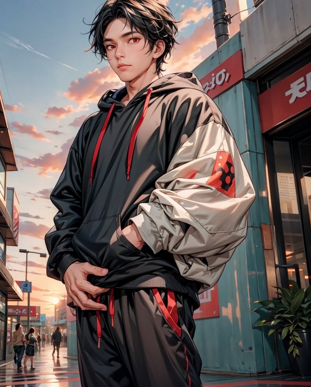 solo, kemono, male, black hair,red eyes, wear black hoodie, wear black pants, look at camera, right hand grabbing coffee cup, standing in front of mall, big mall background, sunset time