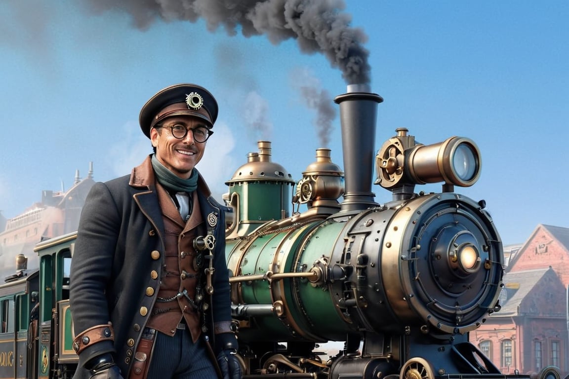 A man, 45 years old, with short black hair, wearing glasses, smiling, pilot outfit, scarf, wearing steampunk clothes and hat, riding a steampunk locomotive in that style of ancient city, steam emanating, steam around the locomotive, steam valve steam, speed, 8k UHD, full view, extreme realism, ultra-definition, highest quality, multiplayer, passerby, capture dynamic view, ste4mpunk, real_booster, photo_b00ster, art_booster