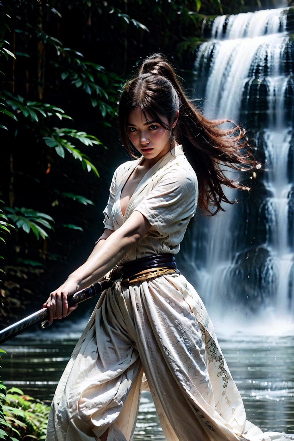 (RAW, Masterpiece, Best Quality, Photorealistic, HD, 8K), 1girl, 16 years old, black hair, long hair, hair blowing in the wind, traditional Chinese hairstyle, Jin Yong martial arts, Tai Chi sword, solo, hair accessories, pink lips. Long eyelashes, correct human body structure, standard female figure, thin, fairy temperament, light-colored clothes, thin and transparent clothes, bellyband, naked lower body, perfect of pussy, loose hair, very bright big eyes, fine hair , large pores, small breasts, navel, ponytail, arms, outdoors, Chinese sword, rapier, water, bun, hand-held weapon, uncensored, single bun, arms extended, realistic, waterfall, girl swinging a sword, martial arts Actions, sword fighting moves, jumps, lunges, standing on one's own, the movements are clearly visible. The sword is long and delicate, with a mountain background and a waterfall background. Large wide angle lens, movie lens, real photo, Chinese landscape painting scenery, blurred background. Full body photos, chinkstyle, ink painting,(((nude)))