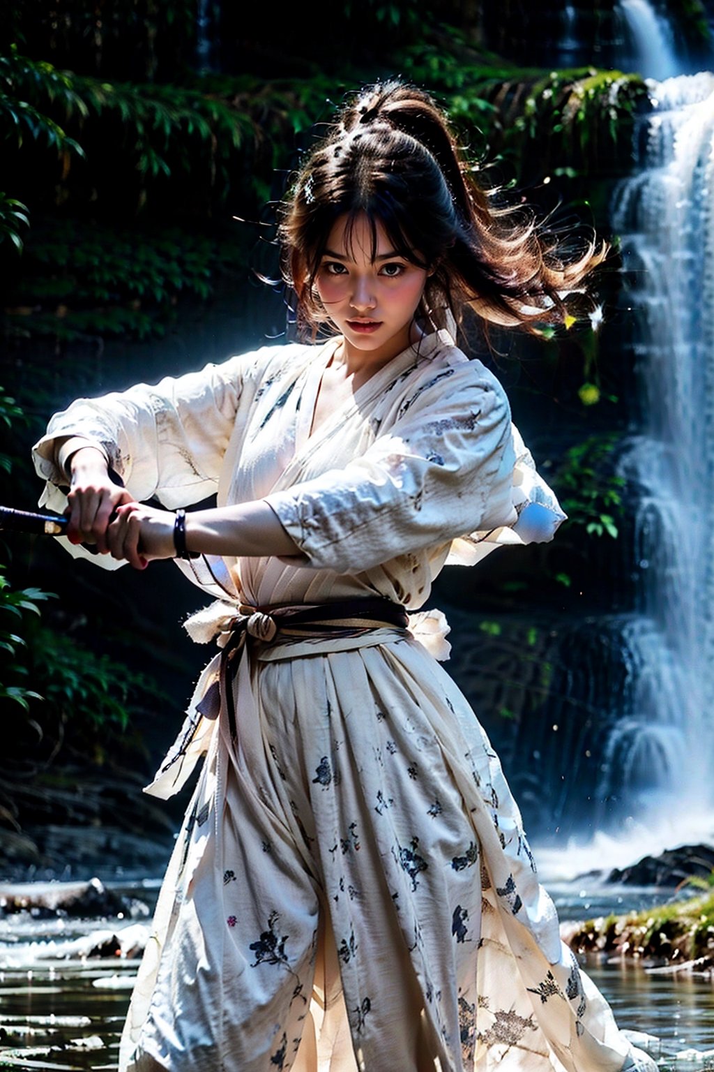 (RAW, Masterpiece, Best Quality, Photorealistic, HD, 8K), 1girl, 16 years old, black hair, long hair, hair blowing in the wind, traditional Chinese hairstyle, Jin Yong martial arts, Tai Chi sword, solo, hair accessories, pink lips. Long eyelashes, correct human body structure, standard female figure, thin, fairy temperament, light-colored clothes, thin and transparent clothes, bellyband, naked lower body, perfect of pussy, loose hair, very bright big eyes, fine hair , large pores, small breasts, navel, ponytail, arms, outdoors, Chinese sword, rapier, water, bun, hand-held weapon, uncensored, single bun, arms extended, realistic, waterfall, girl swinging a sword, martial arts Actions, sword fighting moves, jumps, lunges, standing on one's own, the movements are clearly visible. The sword is long and delicate, with a mountain background and a waterfall background. Large wide angle lens, movie lens, real photo, Chinese landscape painting scenery, blurred background. Full body photos, chinkstyle, ink painting