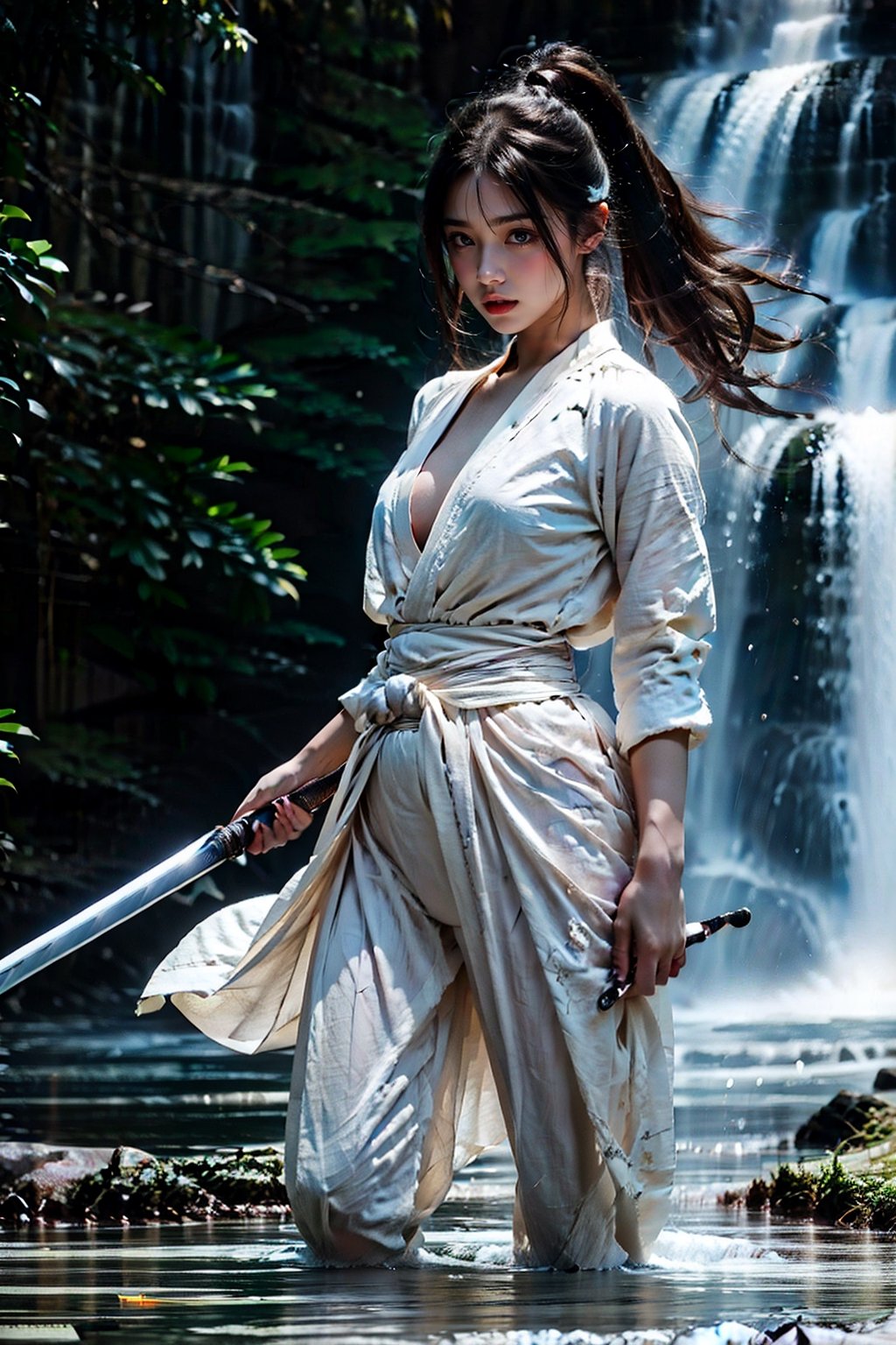 (RAW, Masterpiece, Best Quality, Photorealistic, HD, 8K), 1girl, 16 years old, black hair, long hair, hair blowing in the wind, traditional Chinese hairstyle, Jin Yong martial arts, Tai Chi sword, solo, hair accessories, pink lips. Long eyelashes, correct human body structure, standard female figure, thin, fairy temperament, light-colored clothes, thin and transparent, skin soaked all over, bellyband, exposed mid-waist, no skirt and pants, perfect vagina, loose hair, Very bright big eyes, fine hair, large pores, small breasts, navel, ponytail, arms, outdoor, chinese sword, sword, water, bun, handheld weapon, uncensored, single bun, arms extended, reality, waterfall, girl Sword swings, martial arts moves, sword fighting moves, jumps, lunges, and standing on one's own are all clearly visible. The sword is long and delicate, with a mountain background and a waterfall background. Large wide-angle lens, movie lens, real-life photos, Chinese landscape paintings, background blur. Full body photo, chinkstyle, ink painting, (((nude))),clean pussy,ass