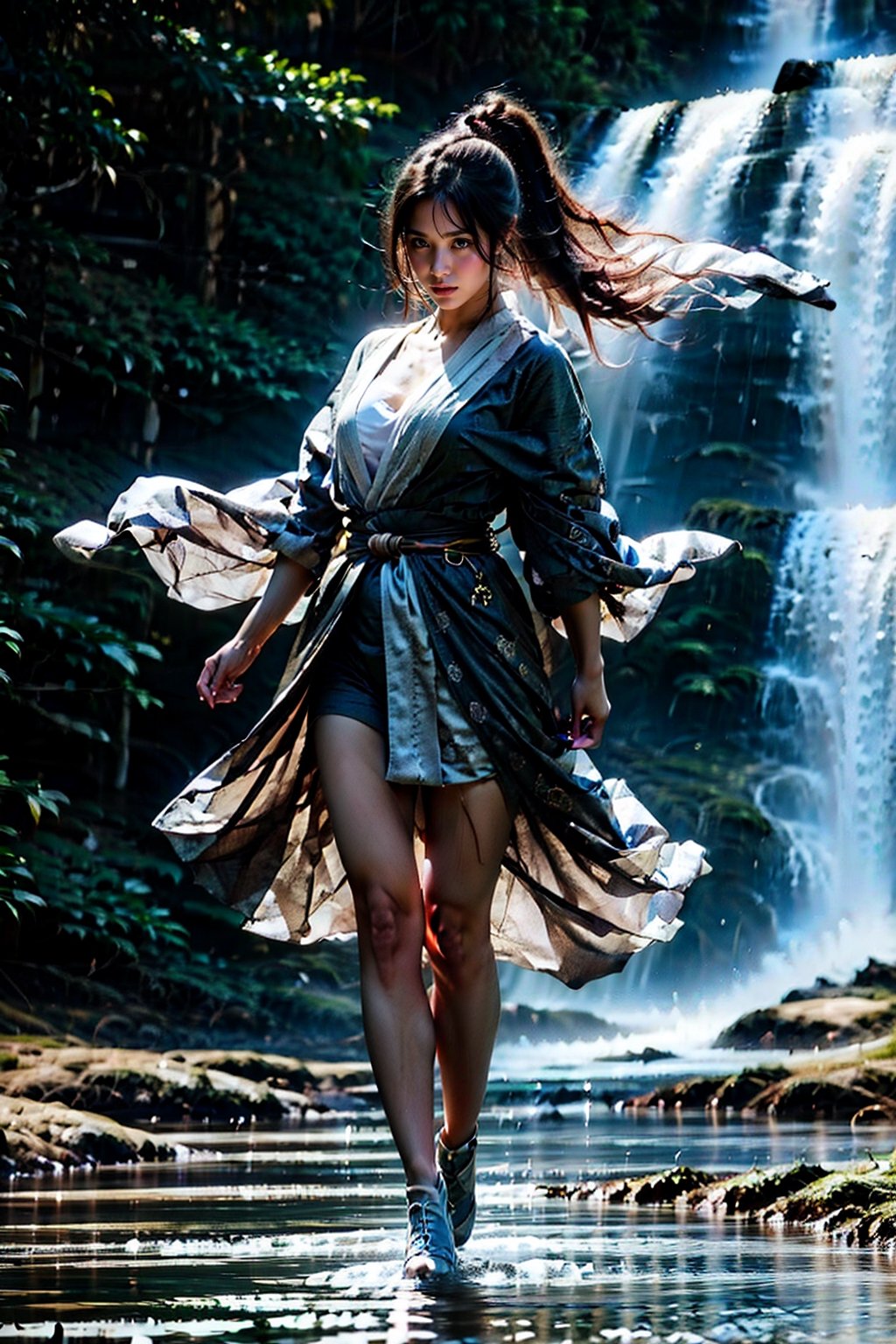 (RAW, Masterpiece, Best Quality, Photorealistic, HD, 8K), 1girl, 16 years old, black hair, long hair, hair blowing in the wind, traditional Chinese hairstyle, Jin Yong martial arts, solo, hair accessories, pink lips. Long eyelashes, correct human body structure, standard female figure, thin, fairy temperament, thin and transparent clothes, bellyband, naked lower body, perfect of pussy, loose hair, very bright big eyes, fine hair, large pores , small breasts, navel, ponytail, arms, outdoors, Chinese sword, water, bun, holding weapon, uncensored, single bun, arms extended, realistic, waterfall, girl swinging sword, martial arts moves, sword fighting moves, jumping , lunge, stand independently, movements clearly visible. The sword is long and delicate, with a mountain background and a waterfall background. Large wide angle lens, movie lens, real photo, Chinese landscape painting scenery, blurred background. Full body photos, chinkstyle, ink painting,jianxian,kirara_jump