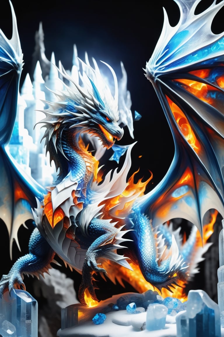 Ultra realistic, fire and ice dragon, white and orange scales, guarding ice castle, bright blue eyes, full body picture, intricate scales, wings expanded,shards,echmrdrgn, menacing, intricate markings on scales, 