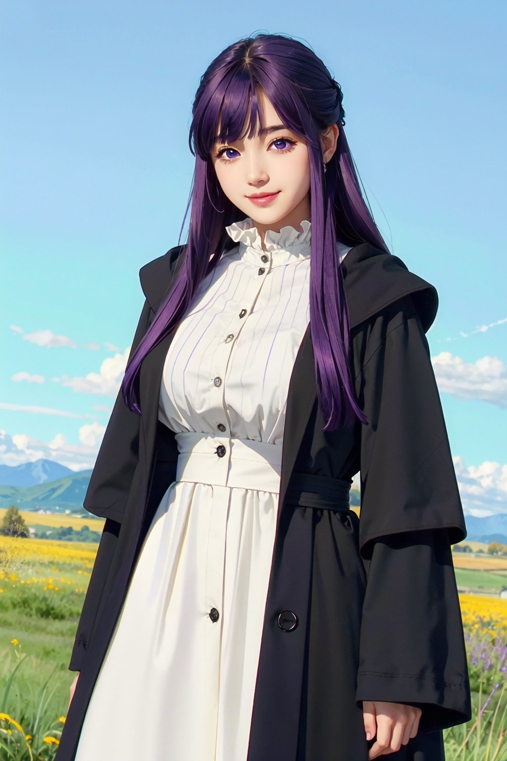 <Fern>
(1girl, solo, purple hair, long hair, purple eyes, blunt bangs, sidelocks, bright pupils,short eyelashes,light smile, plump breasts),

<Clothes>
(frilled collar, black robe, black coat, white dress, center frills, buttons, wide sleeves, long sleeves, curvy, cowboy shot), 

<Scenery>
(blue sky white clouds grassland),

<Pose>
(Posing, arms behind back, looking at viewer),masterpiece,1 girl