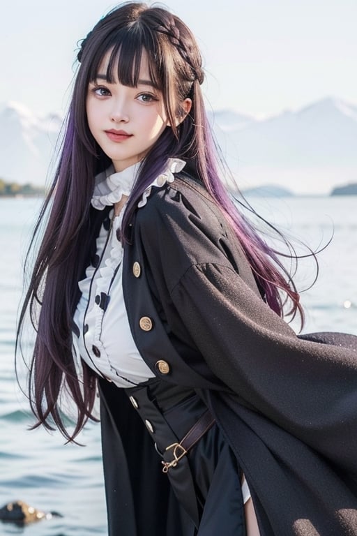 <Fern>
(1girl, solo, purple hair, long hair, purple eyes, blunt bangs, sidelocks, bright pupils,short eyelashes,light smile, plump breasts),

<Clothes>
(frilled collar, black robe, black coat, white dress, center frills, buttons, wide sleeves, long sleeves, curvy, cowboy shot), 

<Scenery>
(starry night, lake),

<Pose>
(posing, looking at viewer),masterpiece,1 girl,Squatting ,best quality