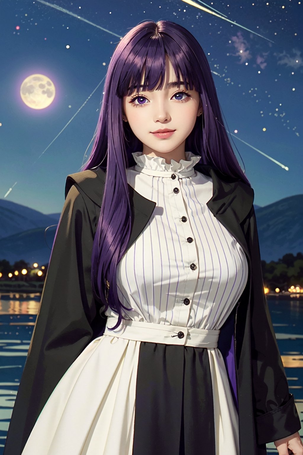 <Fern>
(1girl, solo, purple hair, long hair, purple eyes, blunt bangs, sidelocks, bright pupils,short eyelashes,light smile, plump breasts),

<Clothes>
(frilled collar, black robe, black coat, white dress, center frills, buttons, wide sleeves, long sleeves, curvy, cowboy shot), 

<Scenery>
(starry night, no moon,no meteor,lake),

<Pose>
(posing, arms behind the back,looking at viewer),masterpiece,1 girl,