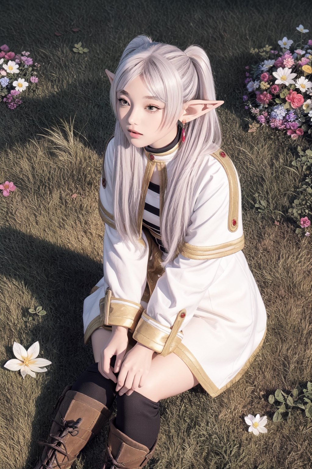 4k, fine detail, masterpiece, high quality eyes, , perfect light, soft shadows, best character art, frieren, 1girl, long hair, pout,pointy ears, twintails, jewelry, elf, earrings,parted bangs, flower,  blushing, sitting on grass, full body view, boots,  stockings,masterpiece