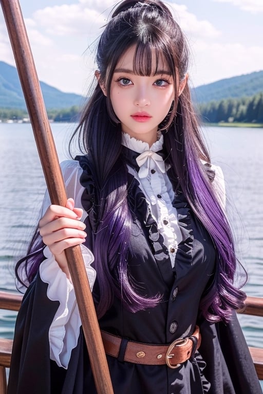 <Fern>
(1girl, solo, purple hair, long hair, purple eyes, blunt bangs, sidelocks, bright pupils,short eyelashes,pout, plump breasts),

<Clothes>
(frilled collar, black robe, black coat, white dress, center frills, buttons, wide sleeves, long sleeves, curvy, cowboy shot), 

<Scenery>
(starry night, lake),

<Pose>
(posing, looking at viewer),masterpiece,1 girl,Squatting ,best quality,Young beauty spirit ,Ava