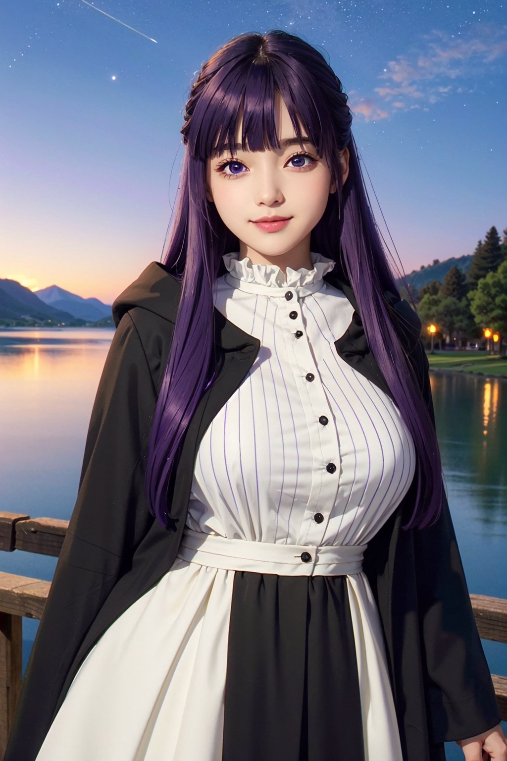 <Fern>
(1girl, solo, purple hair, long hair, purple eyes, blunt bangs, sidelocks, bright pupils,short eyelashes,light smile, plump breasts),

<Clothes>
(frilled collar, black robe, black coat, white dress, center frills, buttons, wide sleeves, long sleeves, curvy, cowboy shot), 

<Scenery>
(starry night,lake),

<Pose>
(casting with magic effort,looking at viewer),masterpiece,1 girl,