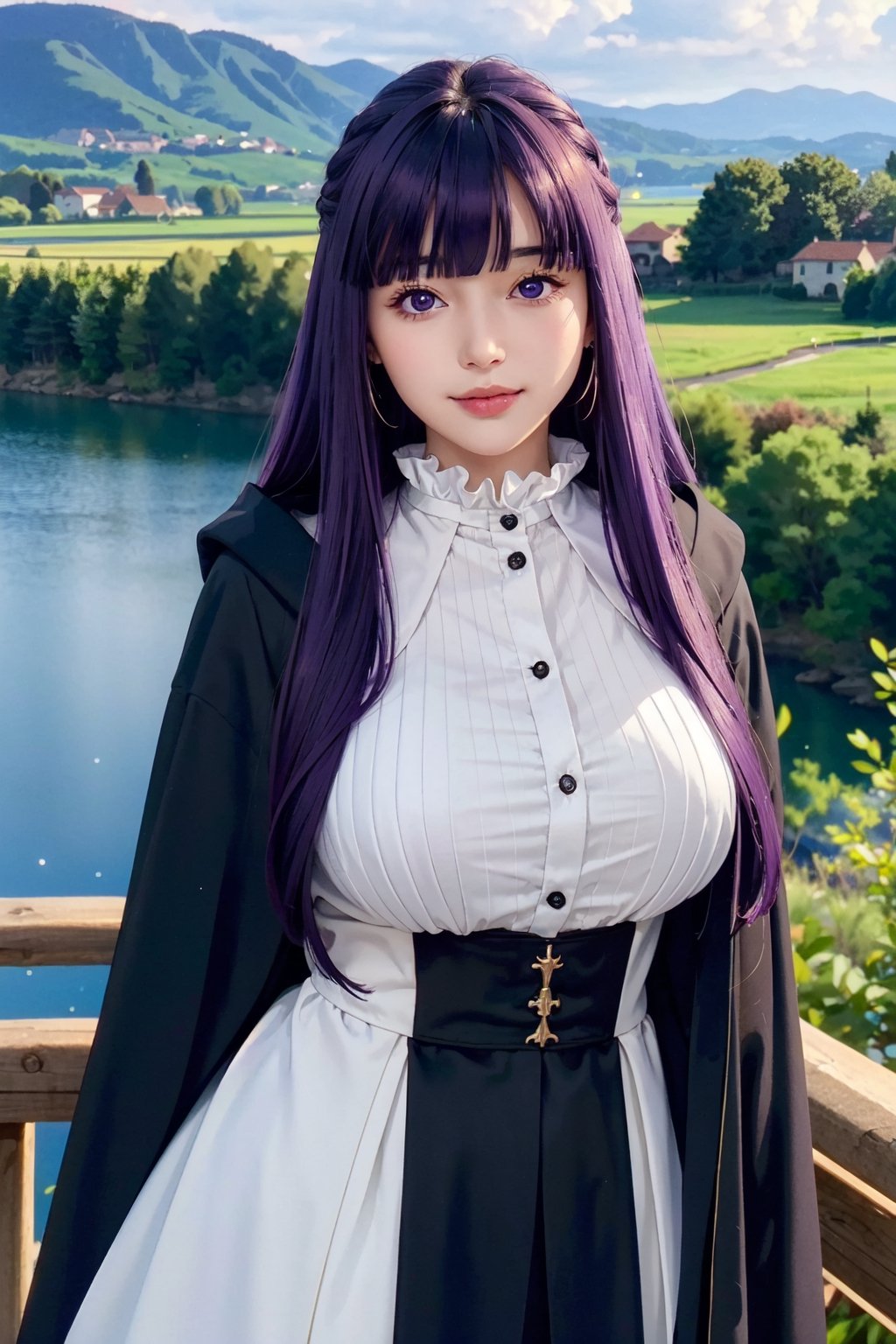 <Fern>
(1girl, solo, purple hair, long hair, purple eyes, blunt bangs, sidelocks, bright pupils,plump  boobs,pout,countryside background),

<Clothes>
(frilled collar, black robe, black coat, white dress, center frills, buttons, wide sleeves, long sleeves, curvy, cowboy shot), 

<Scenery>
(lake, balcony, night, starry_night),

<Pose>
(Posing, arms behind back, smile, average breasts, looking at viewer),masterpiece,1 girl 