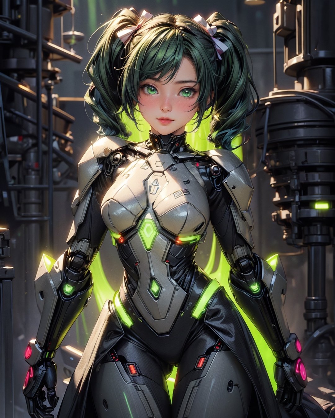 (masterpiece, best quality, volumetric lighting, absurdres, 8k, chiaroscuro lighting, Saturated_colors), (smooth_robot_body, wide_hips, dress, green_neon_trim, 1_girl, sharp, drossel, blush, bright_solid_green_eyes, fantasy), hairbow, ((vibrant_bioluminescent_twintails, efx))
