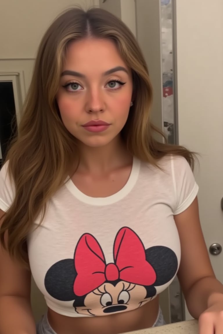 low quality snapchat selfie in 2020, POV of a naughty sydney sweeney in a mirror, full round breasts, wearing a tight Minnie Mouse tshirt, no skirt