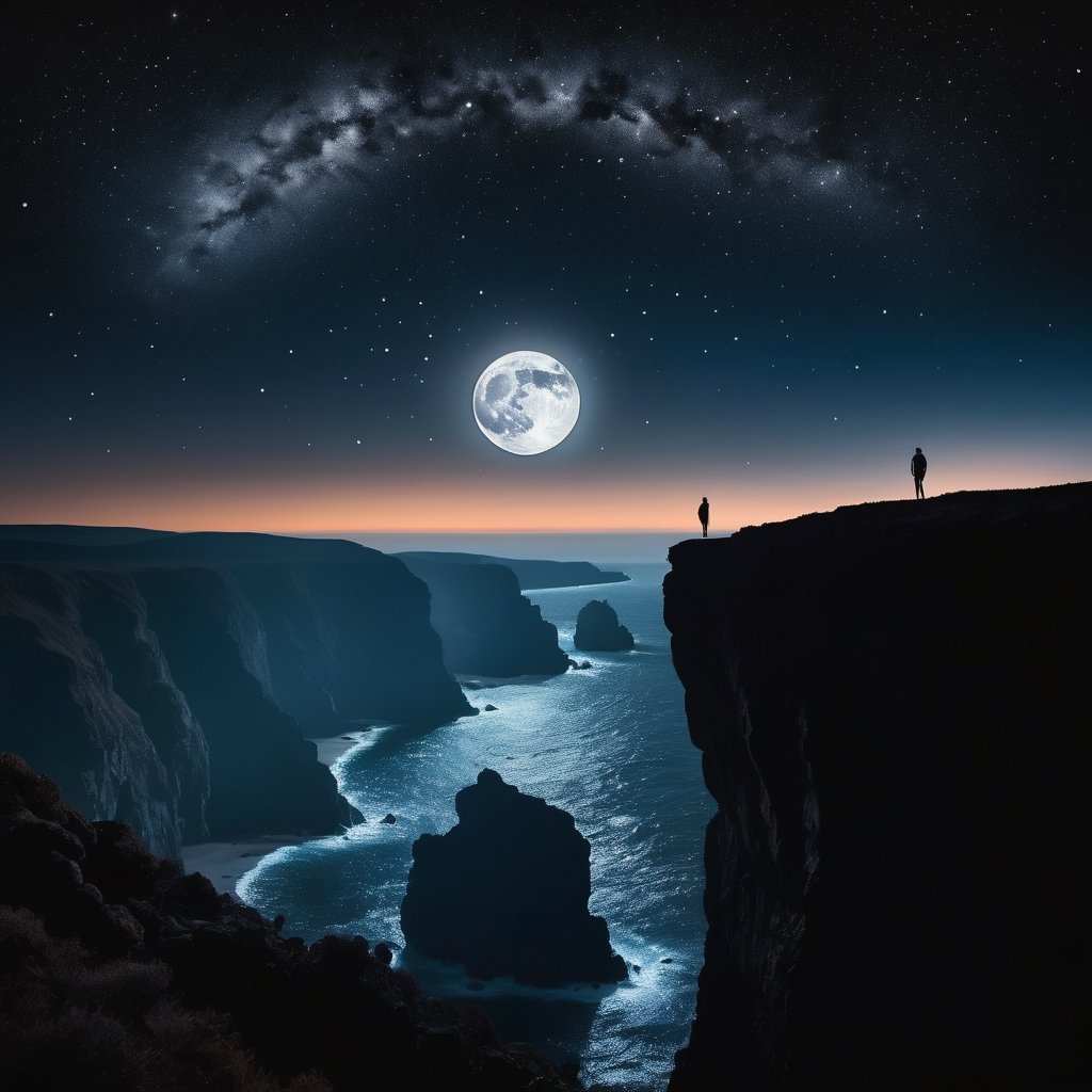 Against a velvety black canvas of the 16K RAW photograph, a majestic masterpiece unfolds. The high-contrast image frames a cinematic scene: a lone figure stands at the edge of a cliff, silhouetted against the celestial backdrop of a night sky featuring a radiant full moon. Softly glowing stars twinkle like diamonds scattered across the dark canvas. 