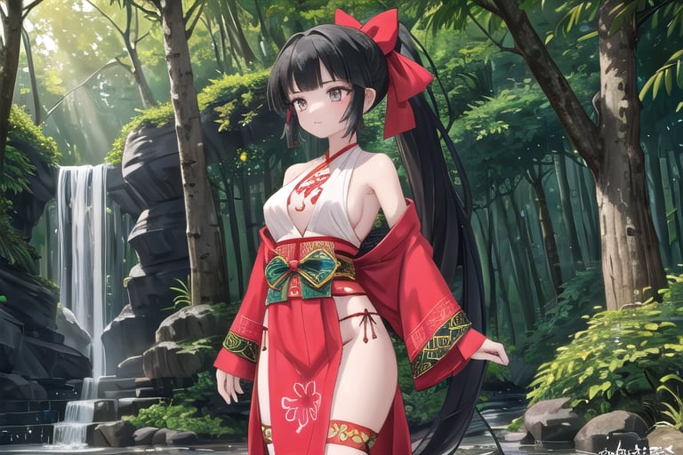 Yae, Masterpiece. UHD, 8K, Yae wearing a traditional tribal outfit, consisting of a beautifully embroidered top and a long skirt with intricate patterns. She wears her signature red bow, tying her long black hair in a ponytail. She stands confidently in a forest setting, surrounded by tall trees and sunlight filtering through the leaves. Her tribal outfit includes leather sandals and accessories made of natural materials, emphasizing her connection to the earth."