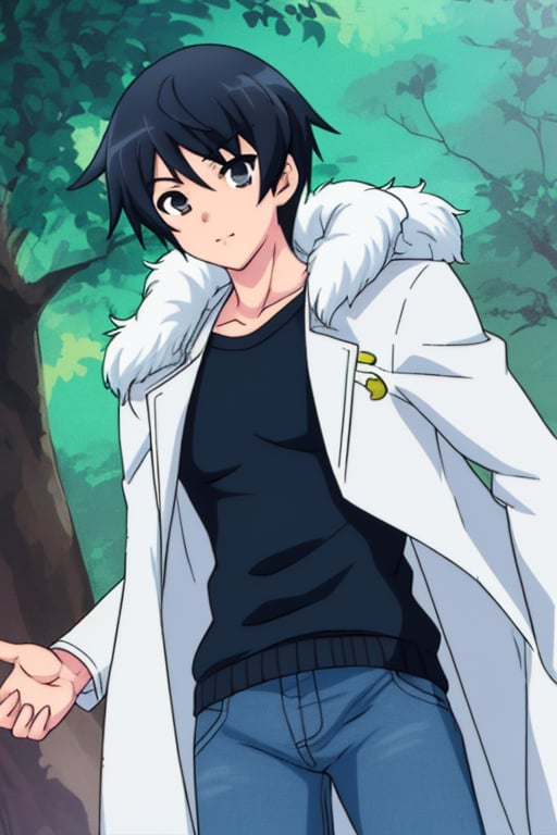 an anime boy with black hair, gray eyes, wearing a white robe outside a black sweater and dark blue jeans, and a tiger accompanies him