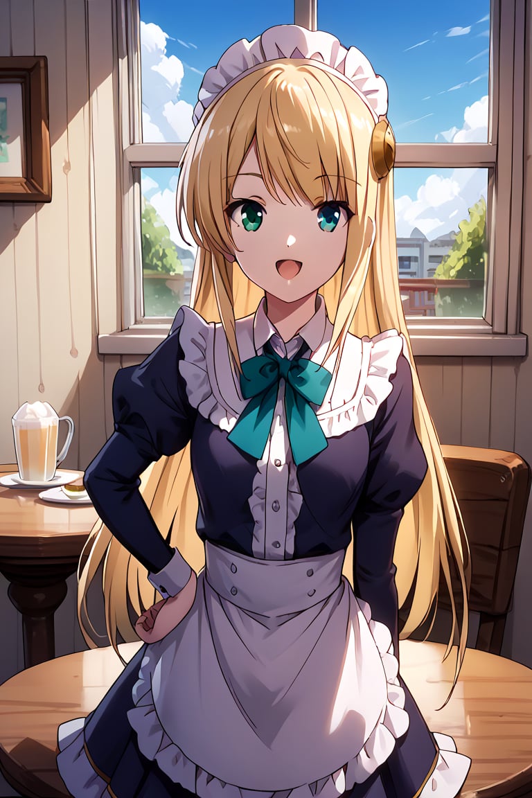 score_9, score_8_up, score_7_up, score_6_up, score_5_up, score_4_up, source_anime, BREAK yumina, 1girl, solo, standing, hand on own hip, v, looking at viewer, blonde hair, long hair, bangs, heterochromia, green eyes, blue eyes, smile, open mouth, maid, maid dress, collared dress, striped clothes, maid headdress, frills, hair ribbon, apron, waist apron, puffy sleeves, long sleeves, neck ribbon, cowboy shot, dutch angle, indoors, cafe, day, table, window, 